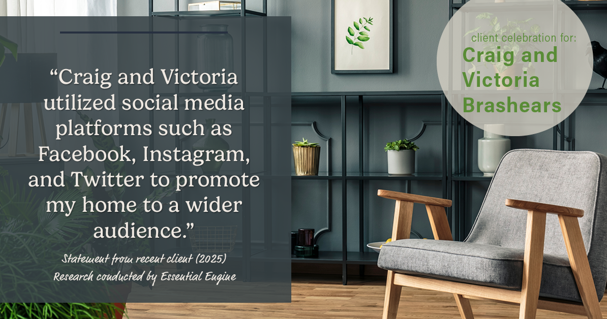 Testimonial for real estate agent Craig and Victoria Brashears with Keller Williams Platinum Partners in Lee's Summit, MO: "Craig and Victoria utilized social media platforms such as Facebook, Instagram, and Twitter to promote my home to a wider audience."