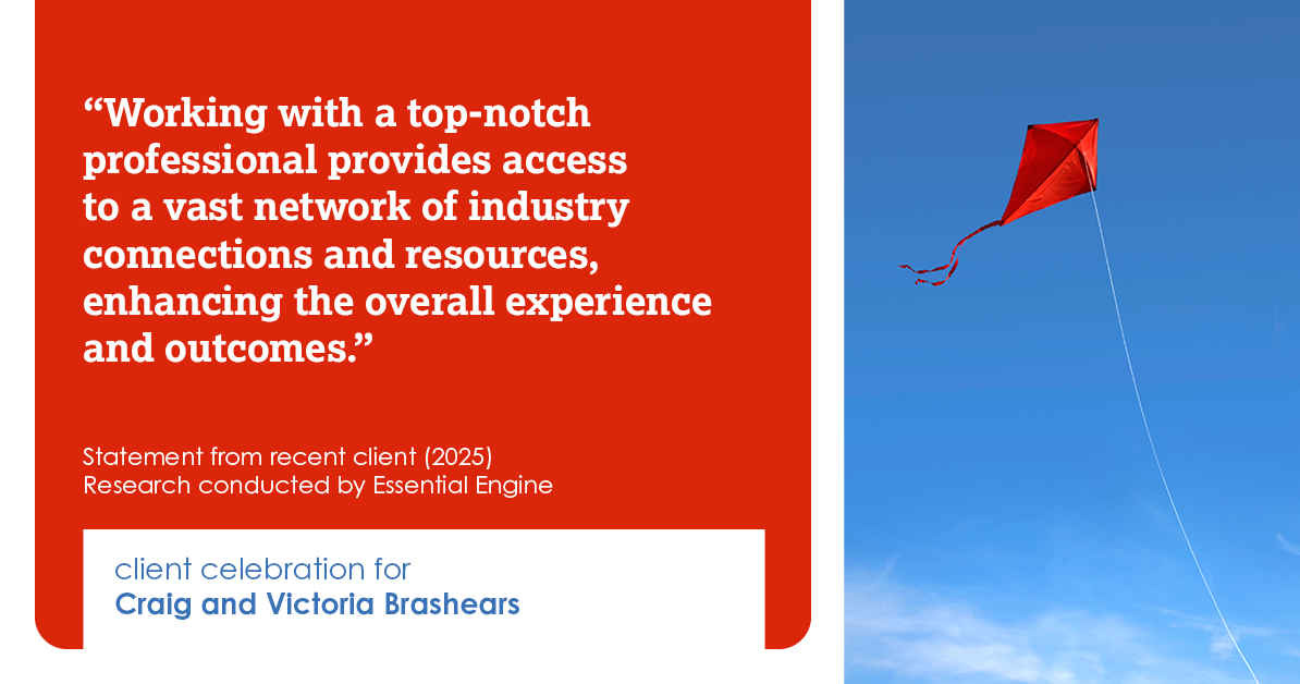 Testimonial for real estate agent Craig and Victoria Brashears with KW Kansas City Metro in Prairie Village, KS: "Working with a top-notch professional provides access to a vast network of industry connections and resources, enhancing the overall experience and outcomes."