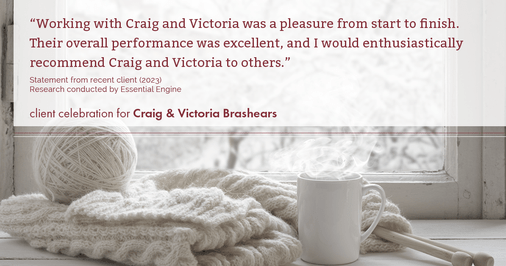 Testimonial for real estate agent Craig and Victoria Brashears with Keller Williams Platinum Partners in Lee's Summit, MO: "Working with Craig and Victoria was a pleasure from start to finish. Their overall performance was excellent, and I would enthusiastically recommend Craig and Victoria to others."