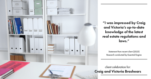 Testimonial for real estate agent Craig and Victoria Brashears with Keller Williams Platinum Partners in Lee's Summit, MO: "I was impressed by Craig and Victoria's up-to-date knowledge of the latest real estate regulations and laws."