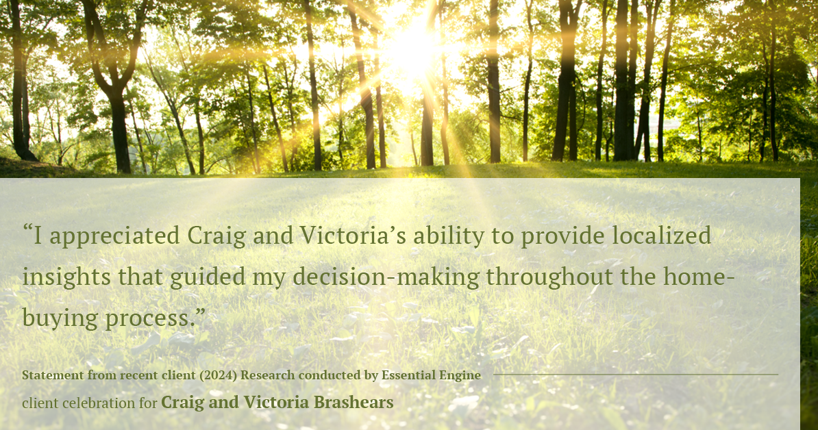 Testimonial for real estate agent Craig and Victoria Brashears with Keller Williams Platinum Partners in Lee's Summit, MO: "I appreciated Craig and Victoria's ability to provide localized insights that guided my decision-making throughout the home-buying process."