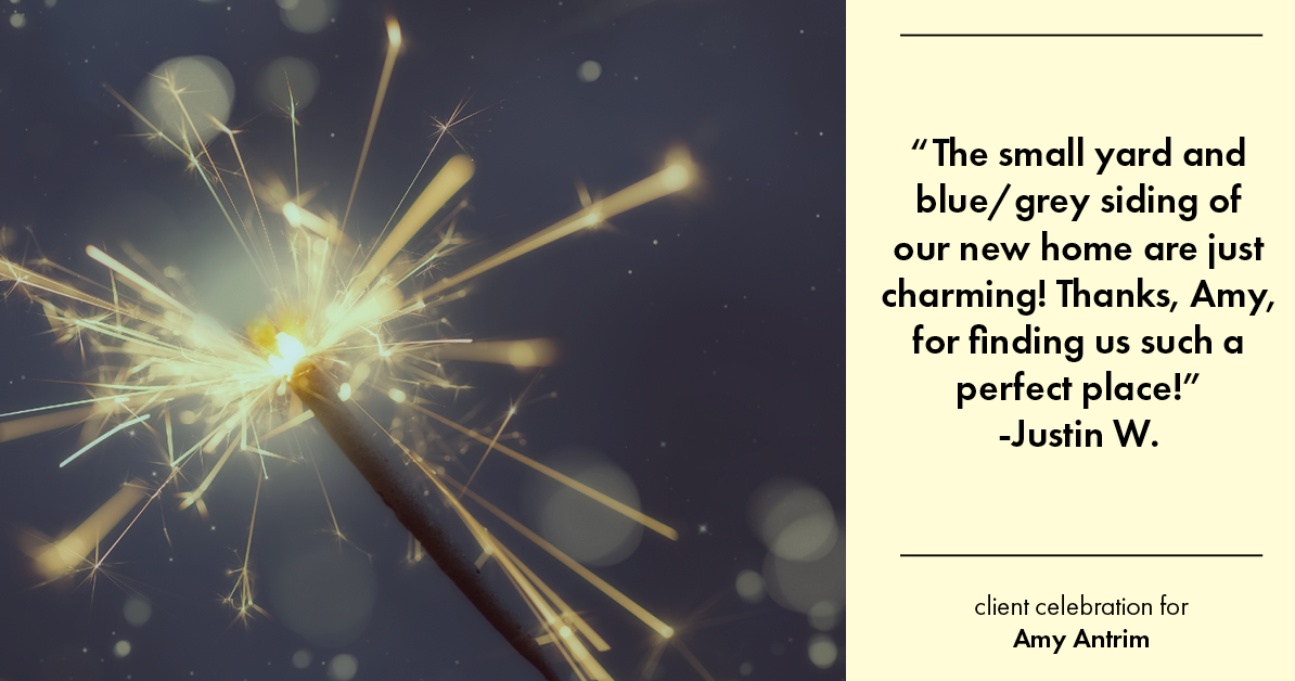 Testimonial for real estate agent Amy Antrim with Keller Williams Realty Partners in Overland Park, KS: "The small yard and blue/grey siding of our new home are just charming! Thanks, Amy, for finding us such a perfect place!"