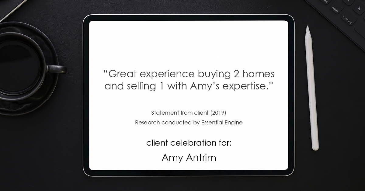 Testimonial for real estate agent Amy Antrim with Keller Williams Realty Partners in Overland Park, KS: “Great experience buying 2 homes and selling 1 with Amy’s expertise.”