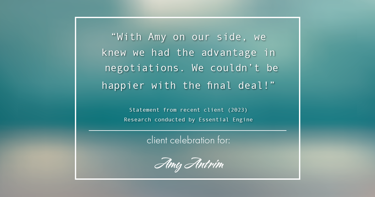 Testimonial for real estate agent Amy Antrim with Keller Williams Realty Partners in Overland Park, KS: "With Amy on our side, we knew we had the advantage in negotiations. We couldn't be happier with the final deal!"