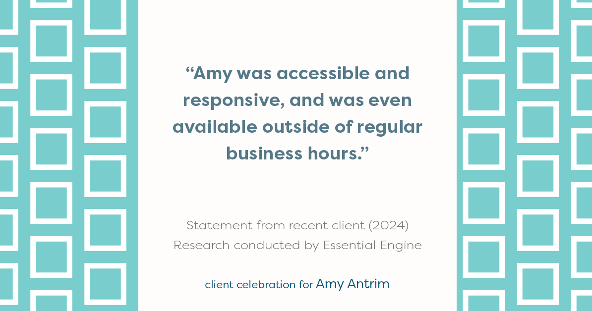 Testimonial for real estate agent Amy Antrim with Keller Williams Realty Partners in Overland Park, KS: "Amy was accessible and responsive, and was even available outside of regular business hours."