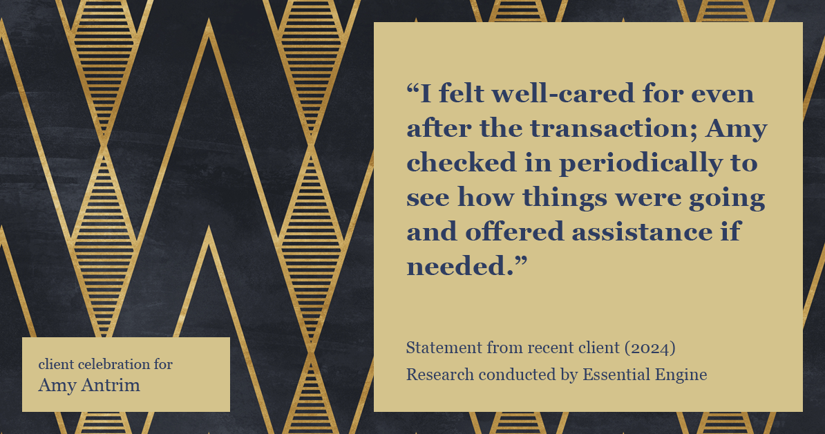 Testimonial for real estate agent Amy Antrim with Keller Williams Realty Partners in Overland Park, KS: "I felt well-cared for even after the transaction; Amy checked in periodically to see how things were going and offered assistance if needed."