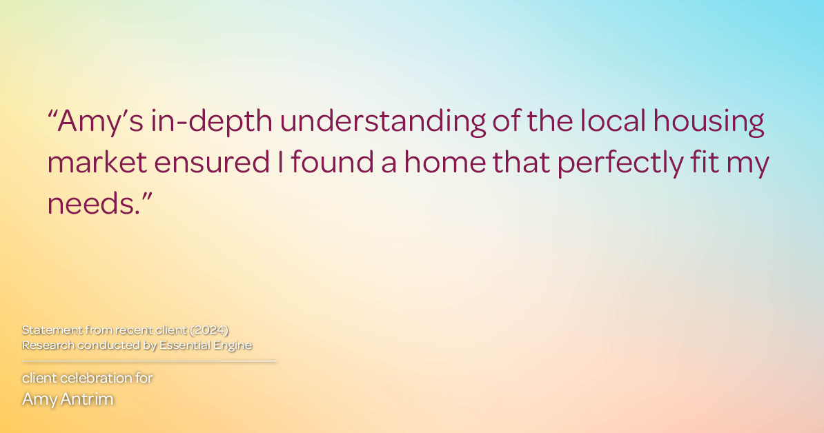 Testimonial for real estate agent Amy Antrim with Keller Williams Realty Partners in Overland Park, KS: "Amy's in-depth understanding of the local housing market ensured I found a home that perfectly fit my needs."