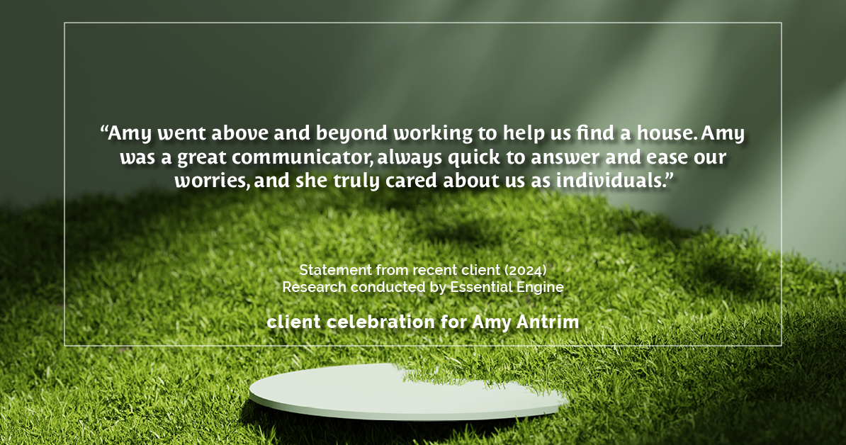 Testimonial for real estate agent Amy Antrim with Keller Williams Realty Partners in Overland Park, KS: "Amy went above and beyond working to help us find a house. Amy was a great communicator, always quick to answer and ease our worries, and she truly cared about us as individuals."