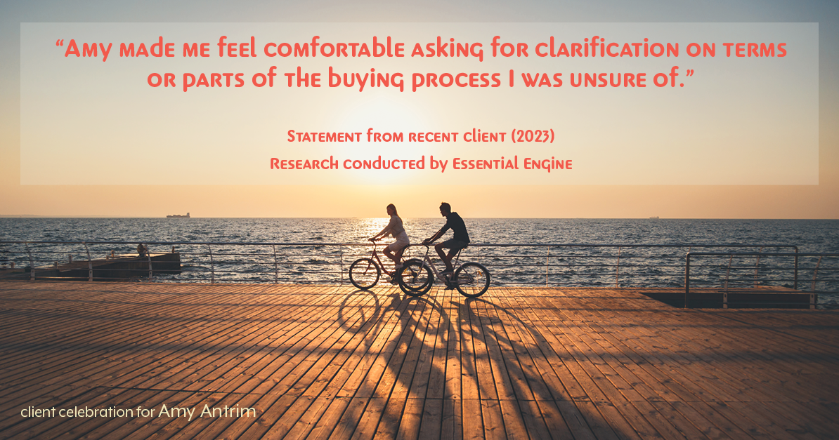 Testimonial for real estate agent Amy Antrim with Keller Williams Realty Partners in Overland Park, KS: "Amy made me feel comfortable asking for clarification on terms or parts of the buying process I was unsure of."