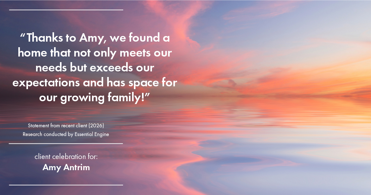 Testimonial for real estate agent Amy Antrim with Keller Williams Realty Partners in Overland Park, KS: "Thanks to Amy, we found a home that not only meets our needs but exceeds our expectations and has space for our growing family!"