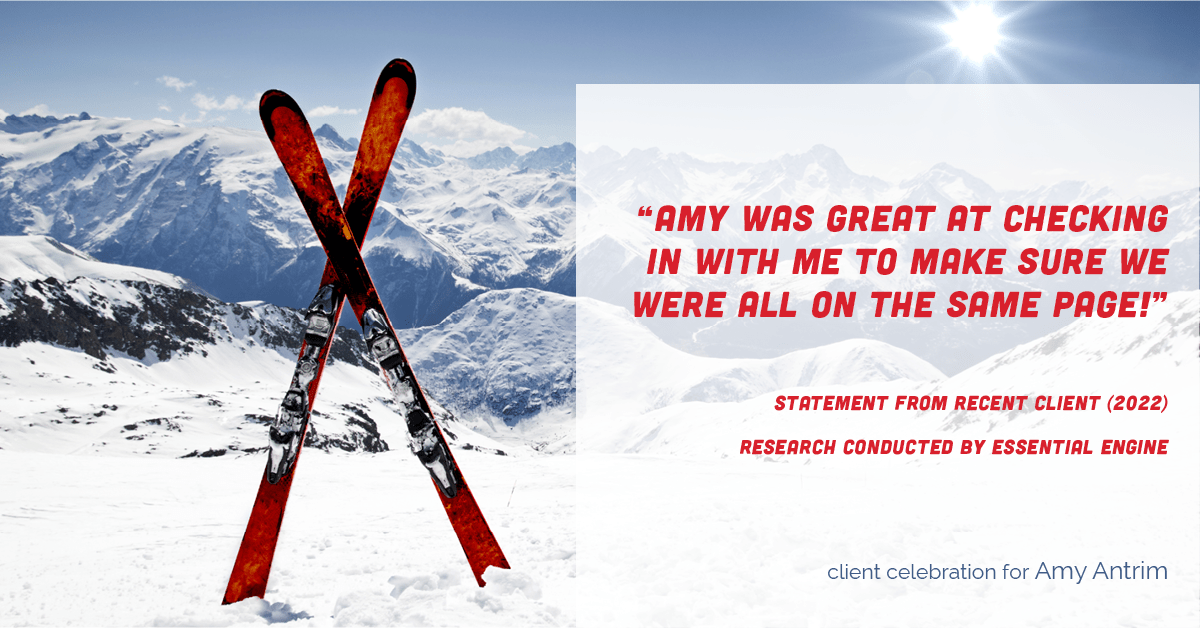 Testimonial for real estate agent Amy Antrim with Keller Williams Realty Partners in Overland Park, KS: "Amy was great at checking in with me to make sure we were all on the same page!"