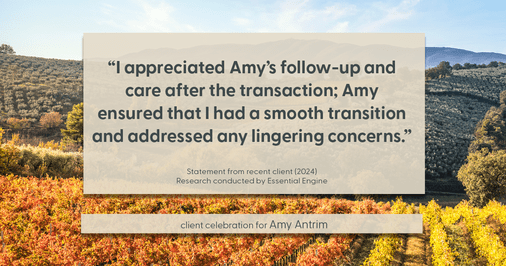 Testimonial for real estate agent Amy Antrim with Keller Williams Realty Partners in Overland Park, KS: "I appreciated Amy's follow-up and care after the transaction; Amy ensured that I had a smooth transition and addressed any lingering concerns."