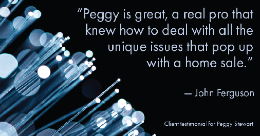 Testimonial for real estate agent Peggy Stewart with Realty Executives of St. Louis in St. Louis, MO: "Peggy is great, a real pro that knew how to deal with all the unique issues that pop up with a home sale." - John Ferguson