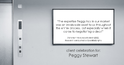 Testimonial for real estate agent Peggy Stewart with Realty Executives of St. Louis in St. Louis, MO: "The expertise Peggy has in our market was an invaluable asset to us throughout the entire process, but especially when it came to negotiating a deal!"