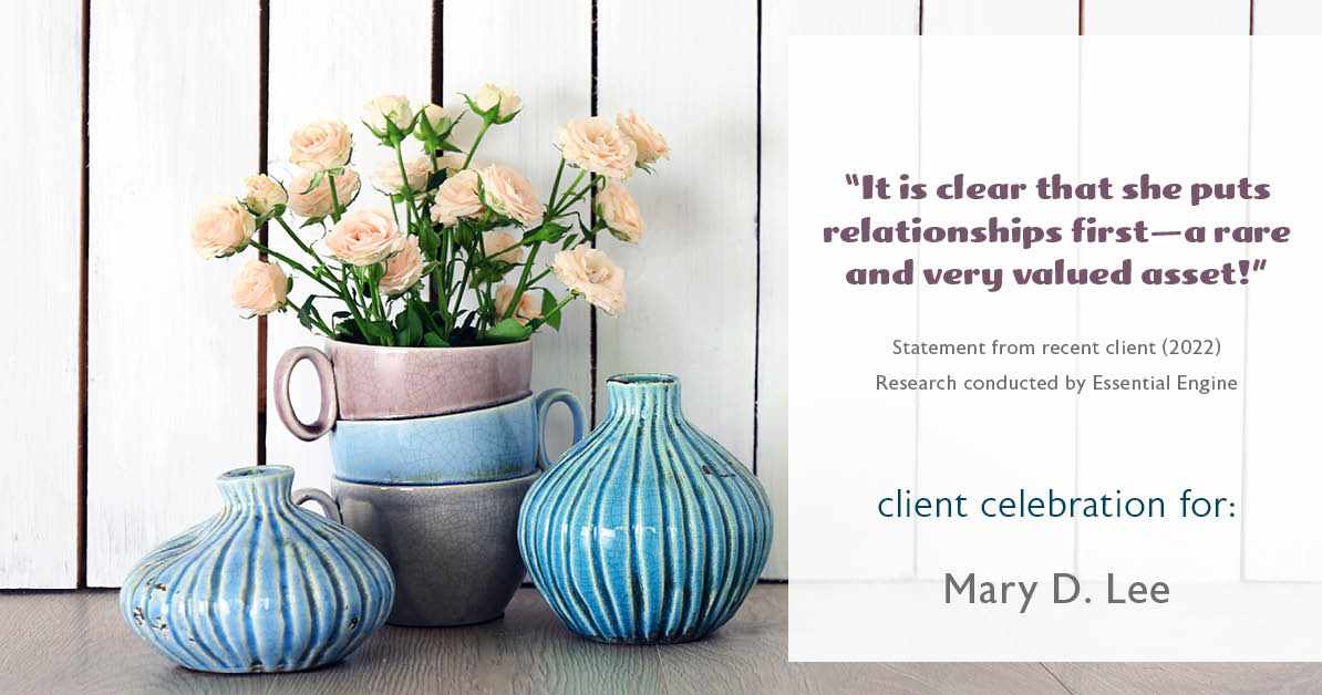Testimonial for mortgage professional Mary Lee with Cornerstone Home Lending, Inc. in Houston, TX: "It is clear that she puts relationships first—a rare and very valued asset!"