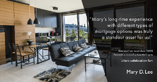 Testimonial for mortgage professional Mary Lee with Cornerstone Home Lending, Inc. in Houston, TX: "Mary's long-time experience with different types of mortgage options was truly a standout asset for us!"
