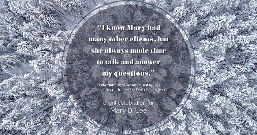 Testimonial for mortgage professional Mary Lee with Cornerstone Home Lending, Inc. in Houston, TX: "I know Mary had many other clients, but she always made time to talk and answer my questions."