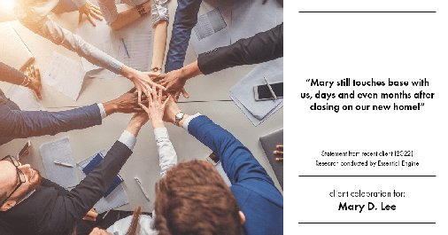 Testimonial for mortgage professional Mary Lee with Cornerstone Home Lending, Inc. in Houston, TX: "Mary still touches base with us, days and even months after closing on our new home!"