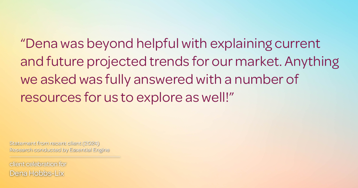 Testimonial for real estate agent Dena Hobbs-Lix with JLA Realty in Humble, TX: "Dena was beyond helpful with explaining current and future projected trends for our market. Anything we asked was fully answered with a number of resources for us to explore as well!"