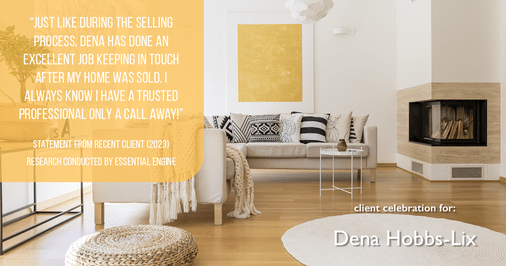 Testimonial for real estate agent Dena Hobbs-Lix with JLA Realty in Humble, TX: "Just like during the selling process, Dena has done an excellent job keeping in touch after my home was sold. I always know I have a trusted professional only a call away!"