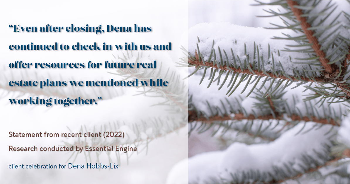 Testimonial for real estate agent Dena Hobbs-Lix with JLA Realty in Humble, TX: "Even after closing, Dena has continued to check in with us and offer resources for future real estate plans we mentioned while working together."
