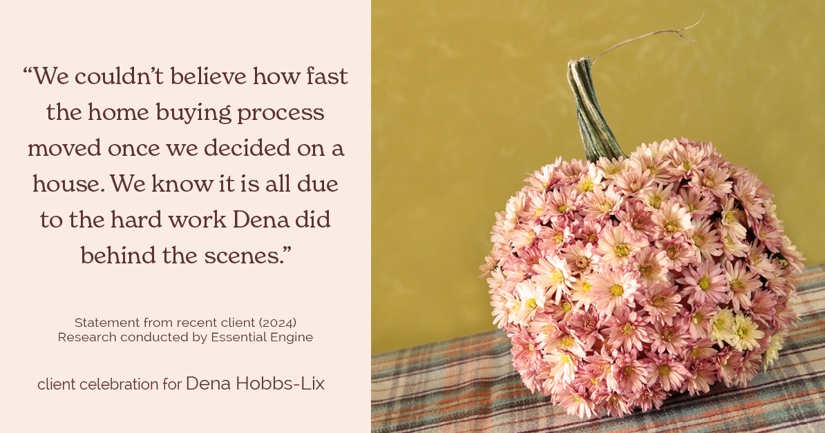 Testimonial for real estate agent Dena Hobbs-Lix with JLA Realty in Humble, TX: "We couldn't believe how fast the home buying process moved once we decided on a house. We know it is all due to the hard work Dena did behind the scenes."