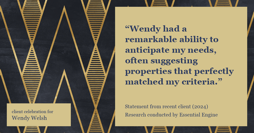 Testimonial for real estate agent Wendy Welsh with Coldwell Banker Realty in Willis, TX: "Wendy had a remarkable ability to anticipate my needs, often suggesting properties that perfectly matched my criteria."