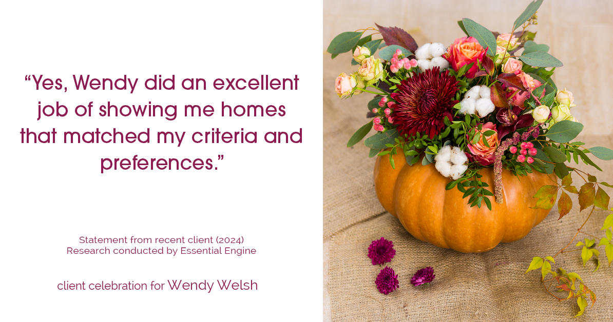 Testimonial for real estate agent Wendy Welsh with Coldwell Banker Realty in Willis, TX: "Yes, Wendy did an excellent job of showing me homes that matched my criteria and preferences."