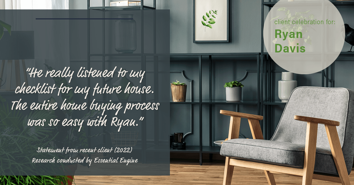 Testimonial for real estate agent Ryan Davis with Keller Williams Real Estate in Littleton, CO: “He really listened to my checklist for my future house. The entire home buying process was so easy with Ryan.”