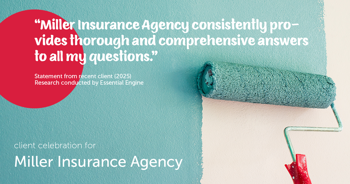 Testimonial for insurance professional Bert Miller in , : "Miller Insurance Agency consistently provides thorough and comprehensive answers to all my questions."