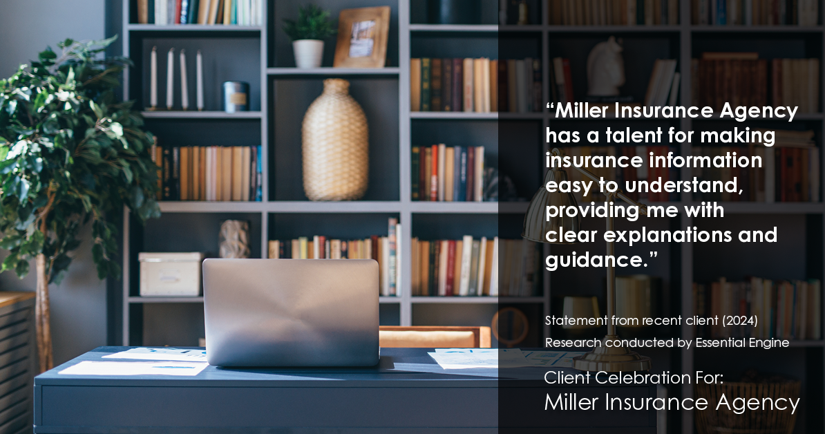 Testimonial for insurance professional Bert Miller in , : "Miller Insurance Agency has a talent for making insurance information easy to understand, providing me with clear explanations and guidance."