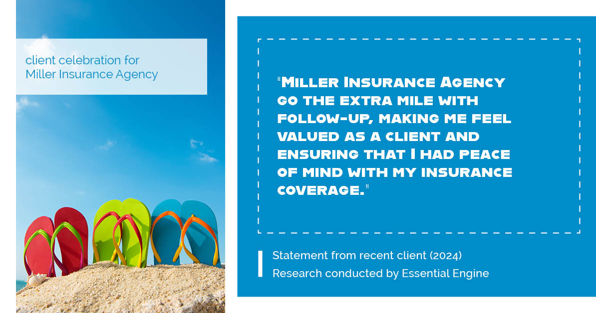 Testimonial for insurance professional Bert Miller in , : "Miller Insurance Agency go the extra mile with follow-up, making me feel valued as a client and ensuring that I had peace of mind with my insurance coverage."