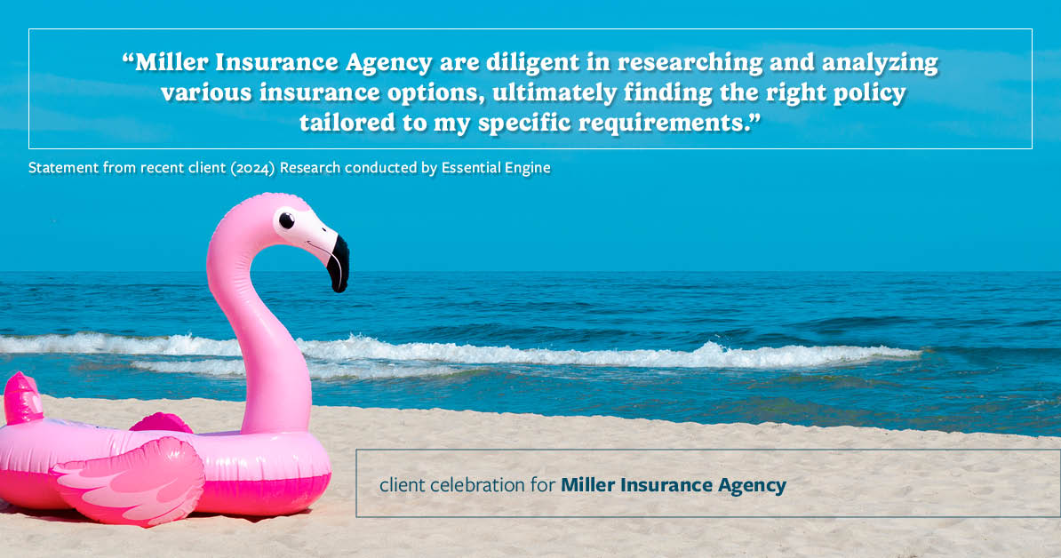 Testimonial for insurance professional Bert Miller in , : "Miller Insurance Agency are diligent in researching and analyzing various insurance options, ultimately finding the right policy tailored to my specific requirements."