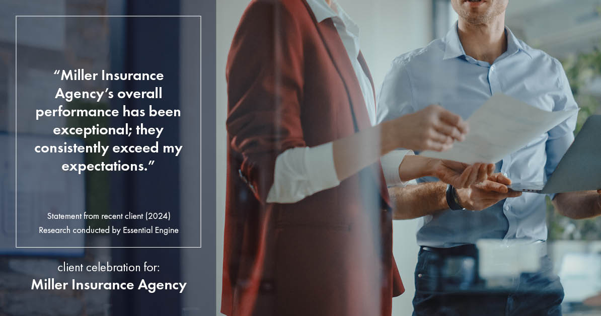 Testimonial for insurance professional Bert Miller in , : "Miller Insurance Agency's overall performance has been exceptional; they consistently exceed my expectations."