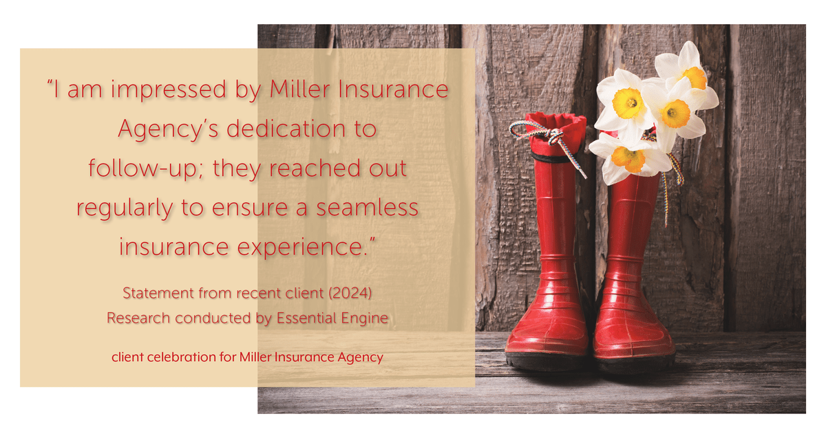 Testimonial for insurance professional Bert Miller in , : "I am impressed by Miller Insurance Agency's dedication to follow-up; they reached out regularly to ensure a seamless insurance experience."