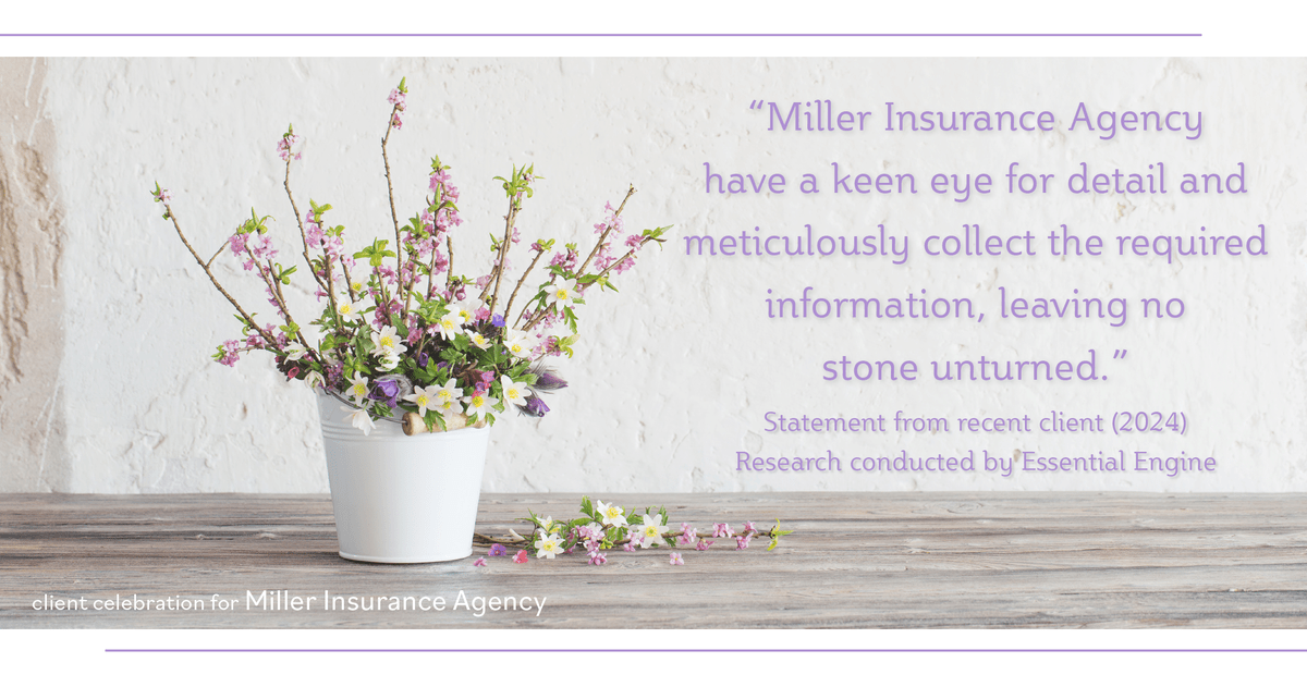 Testimonial for insurance professional Bert Miller in , : "Miller Insurance Agency have a keen eye for detail and meticulously collect the required information, leaving no stone unturned."