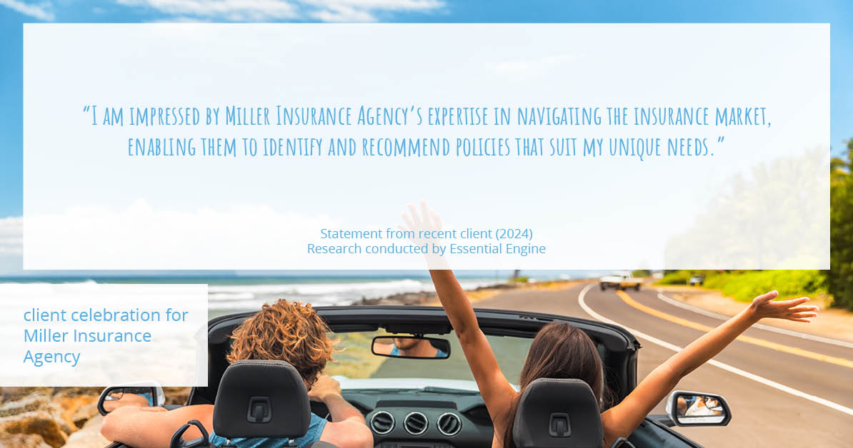 Testimonial for insurance professional Bert Miller in , : "I am impressed by Miller Insurance Agency's expertise in navigating the insurance market, enabling them to identify and recommend policies that suit my unique needs."