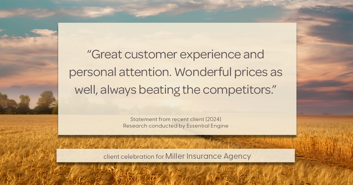 Testimonial for insurance professional Bert Miller in , : "Great customer experience and personal attention. Wonderful prices as well, always beating the competitors."