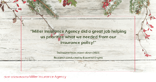 Testimonial for insurance professional Bert Miller in , : "Miller Insurance Agency did a great job helping us prioritize what we needed from our insurance policy!"