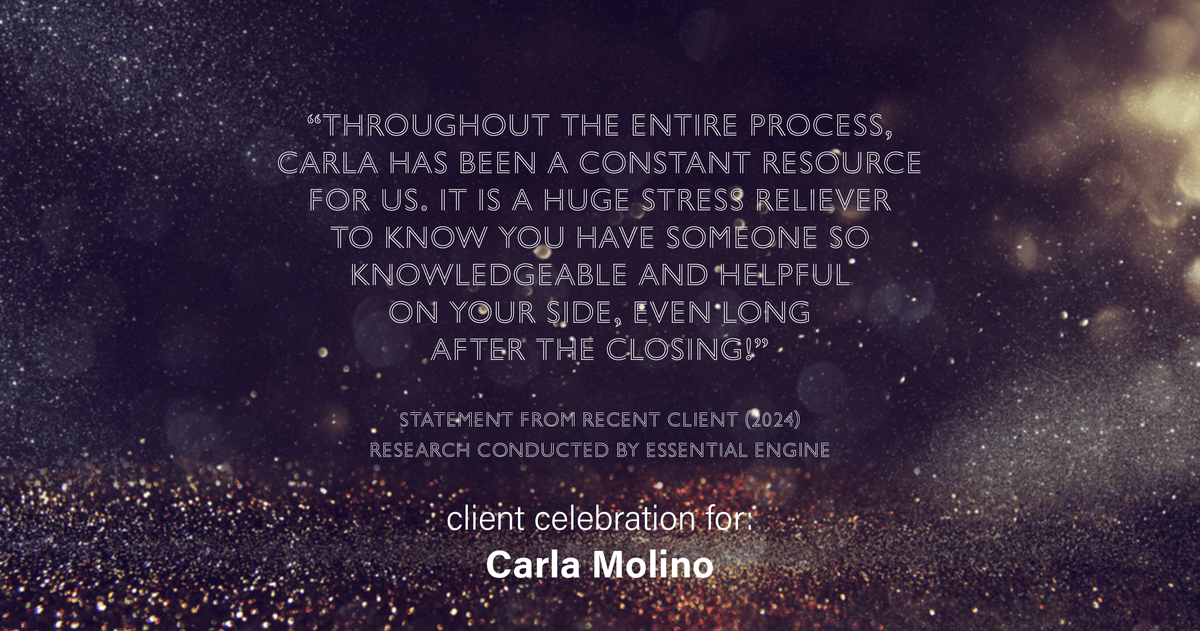 Testimonial for real estate agent Carla L. Molino with Coldwell Banker Realty in San Diego, CA: "Throughout the entire process, Carla has been a constant resource for us. It is a huge stress reliever to know you have someone so knowledgeable and helpful on your side, even long after the closing!"