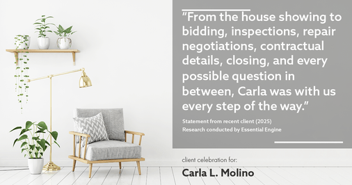 Testimonial for real estate agent Carla L. Molino with Coldwell Banker Realty in San Diego, CA: "From the house showing to bidding, inspections, repair negotiations, contractual details, closing, and every possible question in between, Carla was with us every step of the way."
