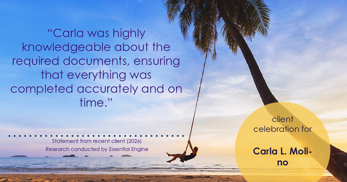 Testimonial for real estate agent Carla L. Molino with Coldwell Banker Realty in San Diego, CA: "Carla was highly knowledgeable about the required documents, ensuring that everything was completed accurately and on time."