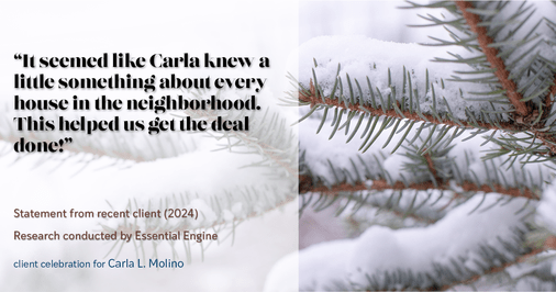 Testimonial for real estate agent Carla L. Molino with Coldwell Banker Realty in San Diego, CA: "It seemed like Carla knew a little something about every house in the neighborhood. This helped us get the deal done!"