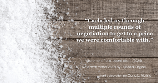 Testimonial for real estate agent Carla L. Molino with Coldwell Banker Realty in San Diego, CA: "Carla led us through multiple rounds of negotiation to get to a price we were comfortable with."