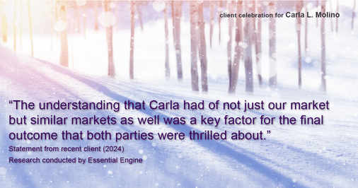 Testimonial for real estate agent Carla L. Molino with Coldwell Banker Realty in San Diego, CA: "The understanding that Carla had of not just our market but similar markets as well was a key factor for the final outcome that both parties were thrilled about."