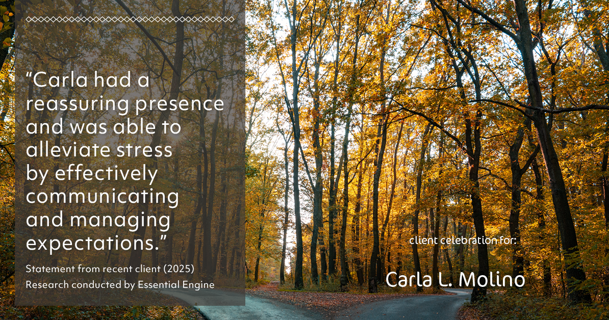 Testimonial for real estate agent Carla L. Molino with Coldwell Banker Realty in San Diego, CA: "Carla had a reassuring presence and was able to alleviate stress by effectively communicating and managing expectations."