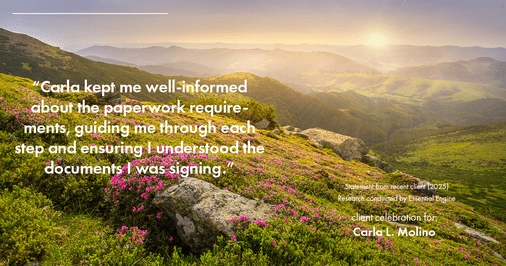 Testimonial for real estate agent Carla L. Molino with Coldwell Banker Realty in San Diego, CA: "Carla kept me well-informed about the paperwork requirements, guiding me through each step and ensuring I understood the documents I was signing."