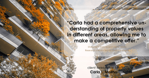 Testimonial for real estate agent Carla L. Molino with Coldwell Banker Realty in San Diego, CA: "Carla had a comprehensive understanding of property values in different areas, allowing me to make a competitive offer."