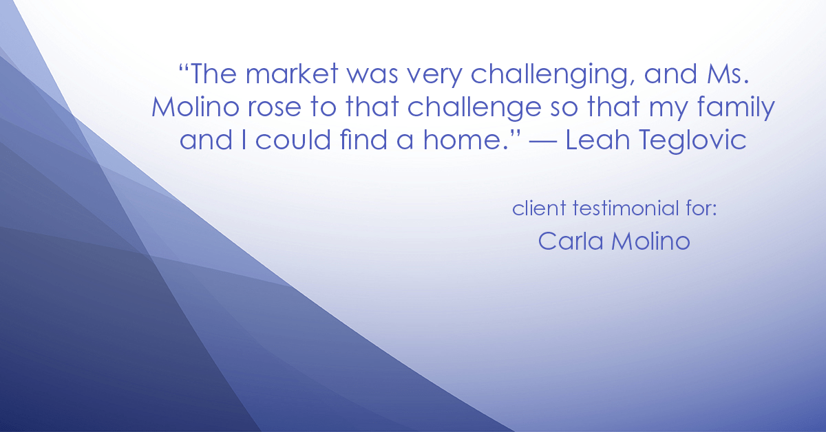 Testimonial for real estate agent Carla L. Molino with Coldwell Banker Realty in San Diego, CA: "The market was very challenging, and Ms. Molino rose to that challenge so that my family and I could find a home." - Leah Teglovic