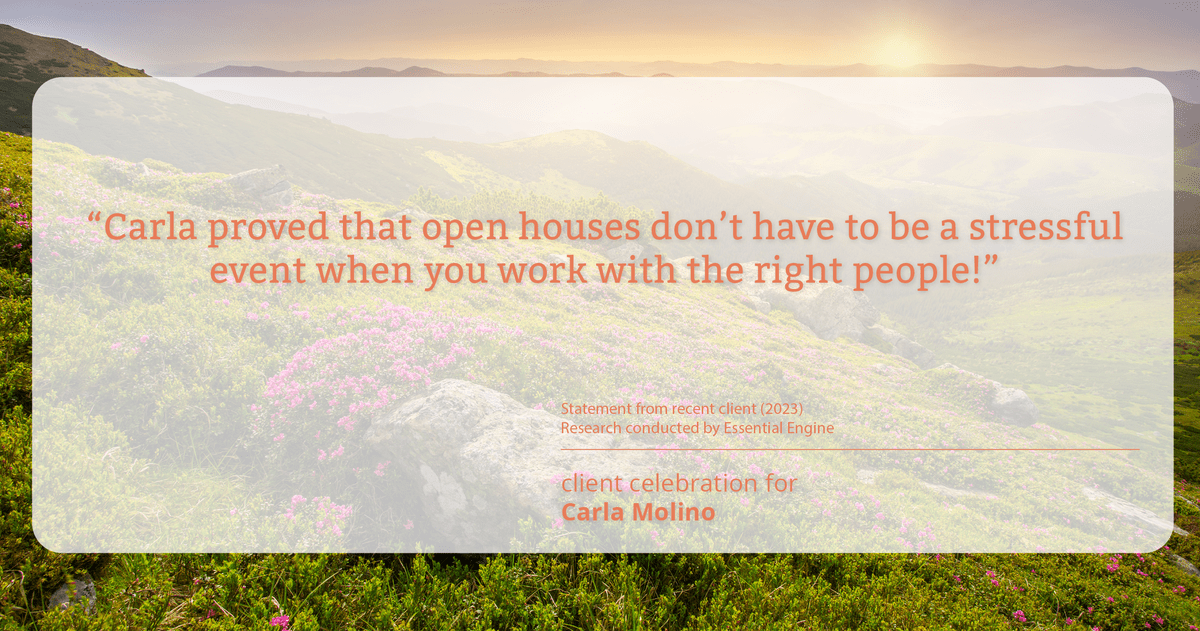 Testimonial for real estate agent Carla L. Molino with Coldwell Banker Realty in San Diego, CA: "Carla proved that open houses don't have to be a stressful event when you work with the right people!"